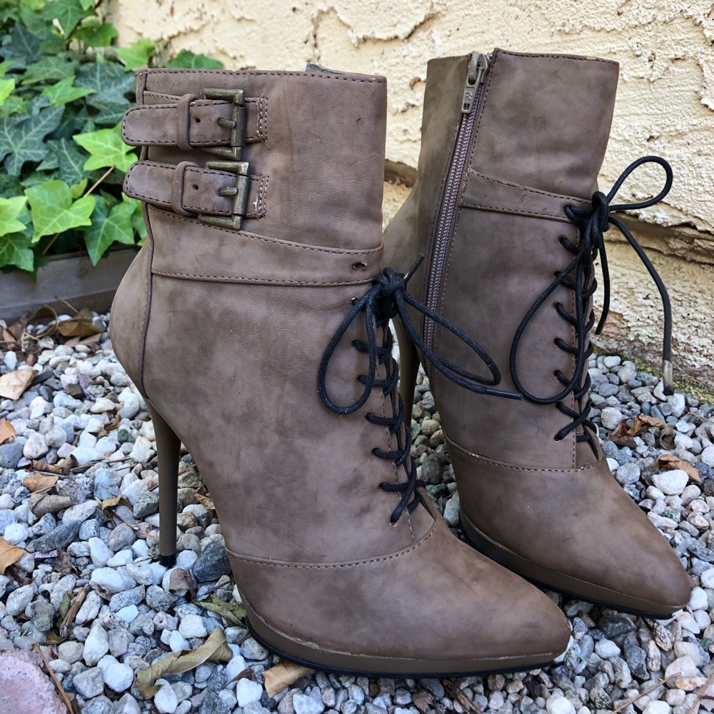 Brown Lace Bootie Heels
